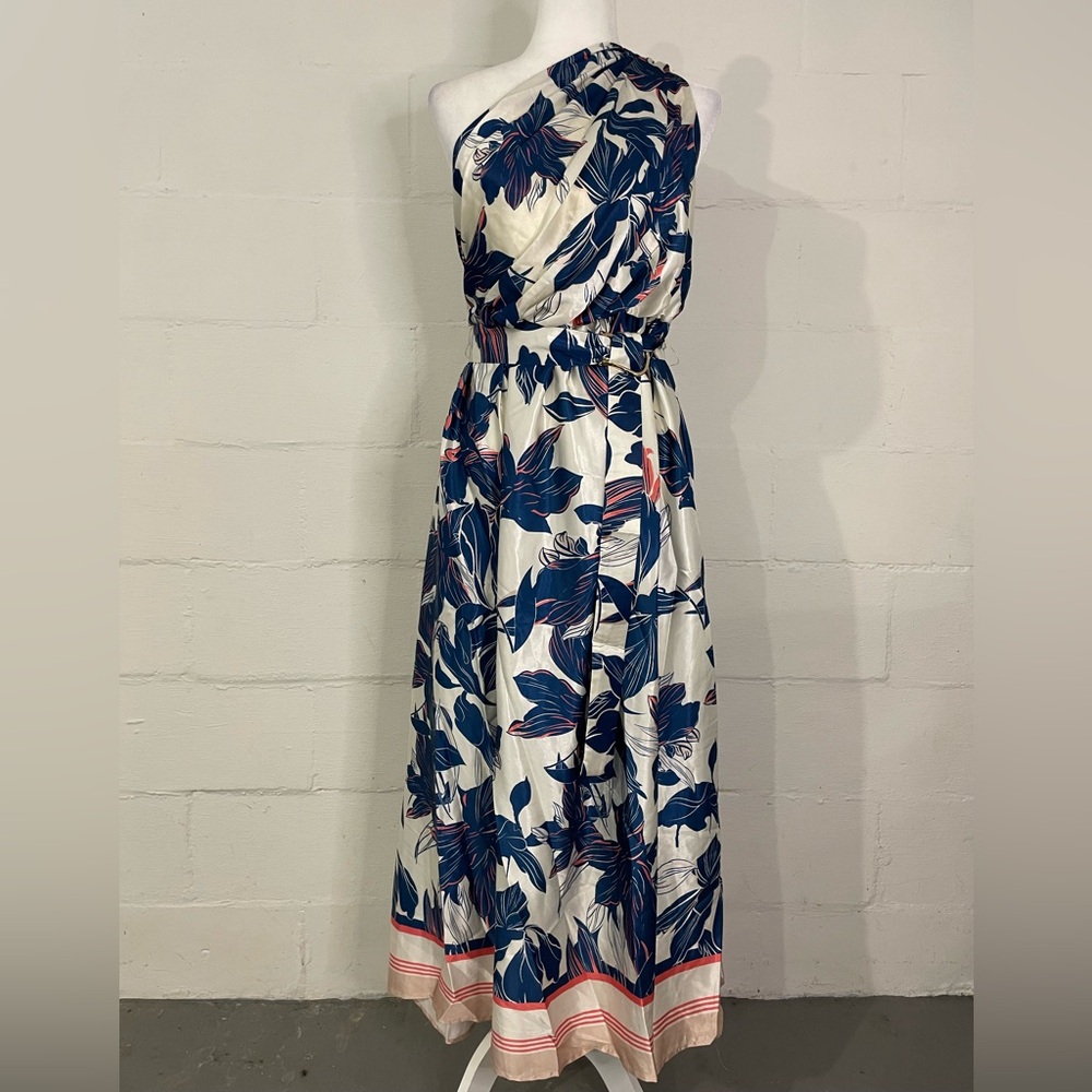 One-Shoulder White Maxi Dress with Navy Floral Print